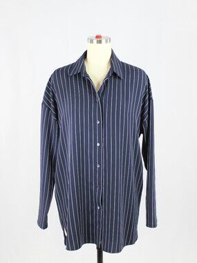 Aritzia BABATON Kearney Navy Striped Matte Satin Button-Up Shirt, Size S